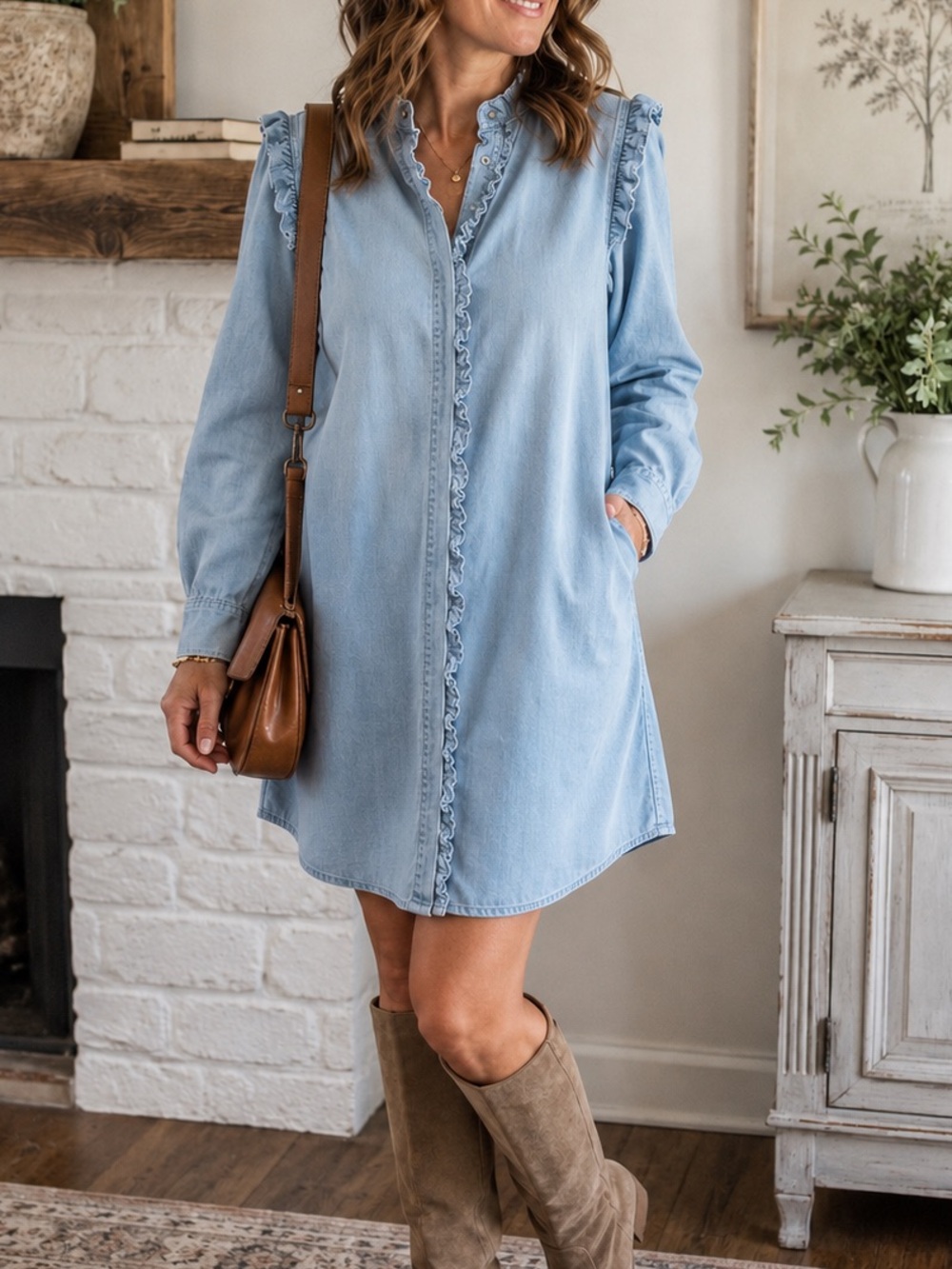 Mazik Chambray Ruffle Tunic Dress Medium | Cottagecore Boho Prairie Chic